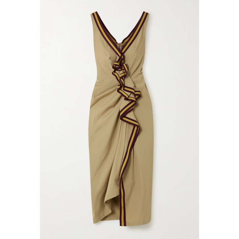 DRIES VAN NOTEN Striped grosgrain-trimmed ruffled cotton-twill midi dress